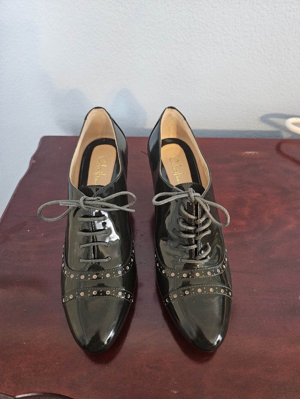 Cole Haan Forest Green Patent Brogue Lace-Up Kitten Heels